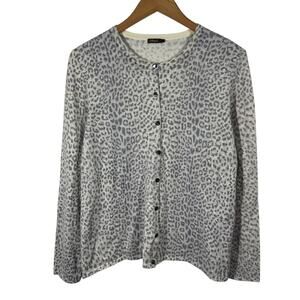 J. McLaughlin Cardigan Women L Gray White Leopard Print Long Sleeve Modal Modest